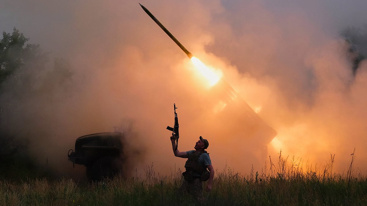 An MRLS BM-21 'Grad' fires at Russian positions near Kostiantynivka in Donetsk, Ukraine, 4 June