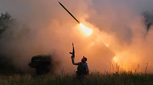 An MRLS BM-21 'Grad' fires at Russian positions near Kostiantynivka in Donetsk, Ukraine, 4 June