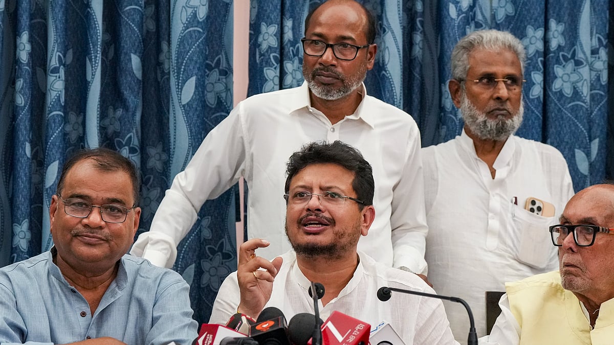 Expelled TMC leader Ritabrata Banerjee addresses a press conference in Kolkata.