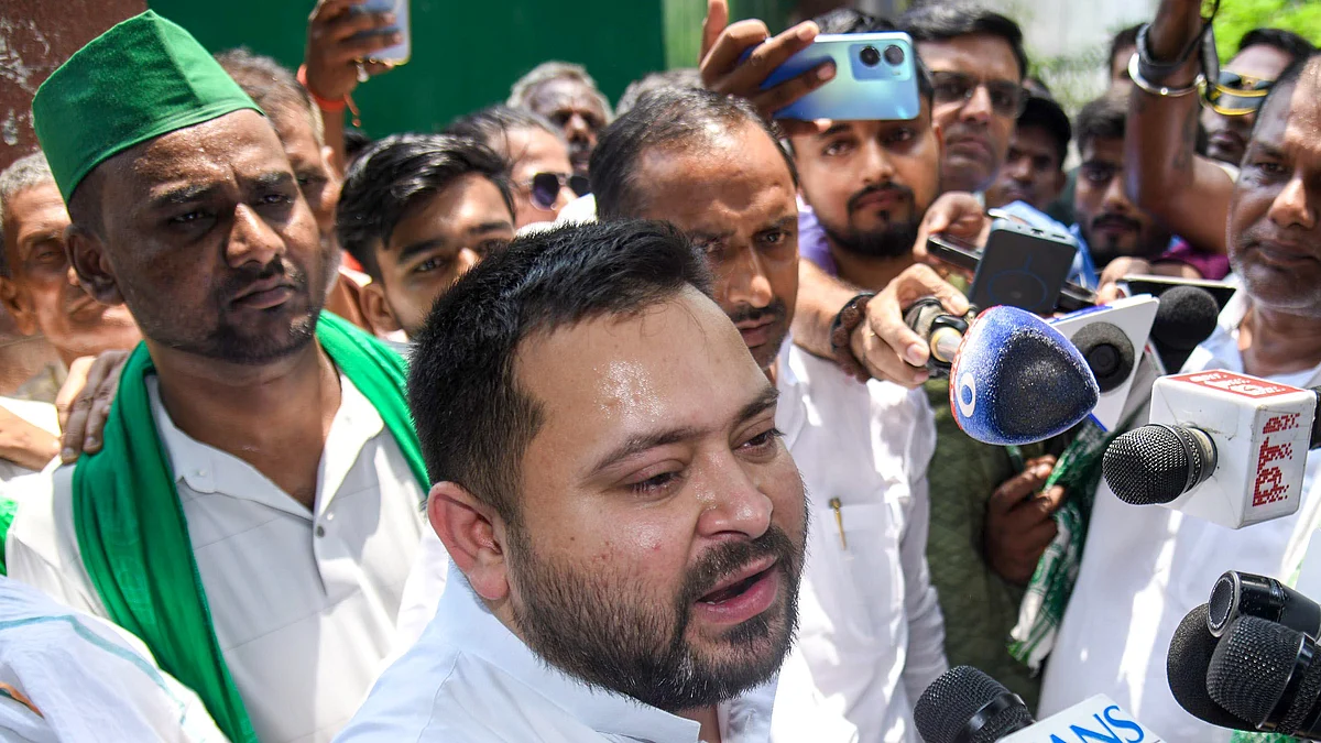 RJD leader Tejashwi Yadav speaks to the media in Patna on 9 June