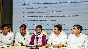 Meenakshi Natarajan (C) speaks during a party briefing at the AICC office, New Delhi, 12 June