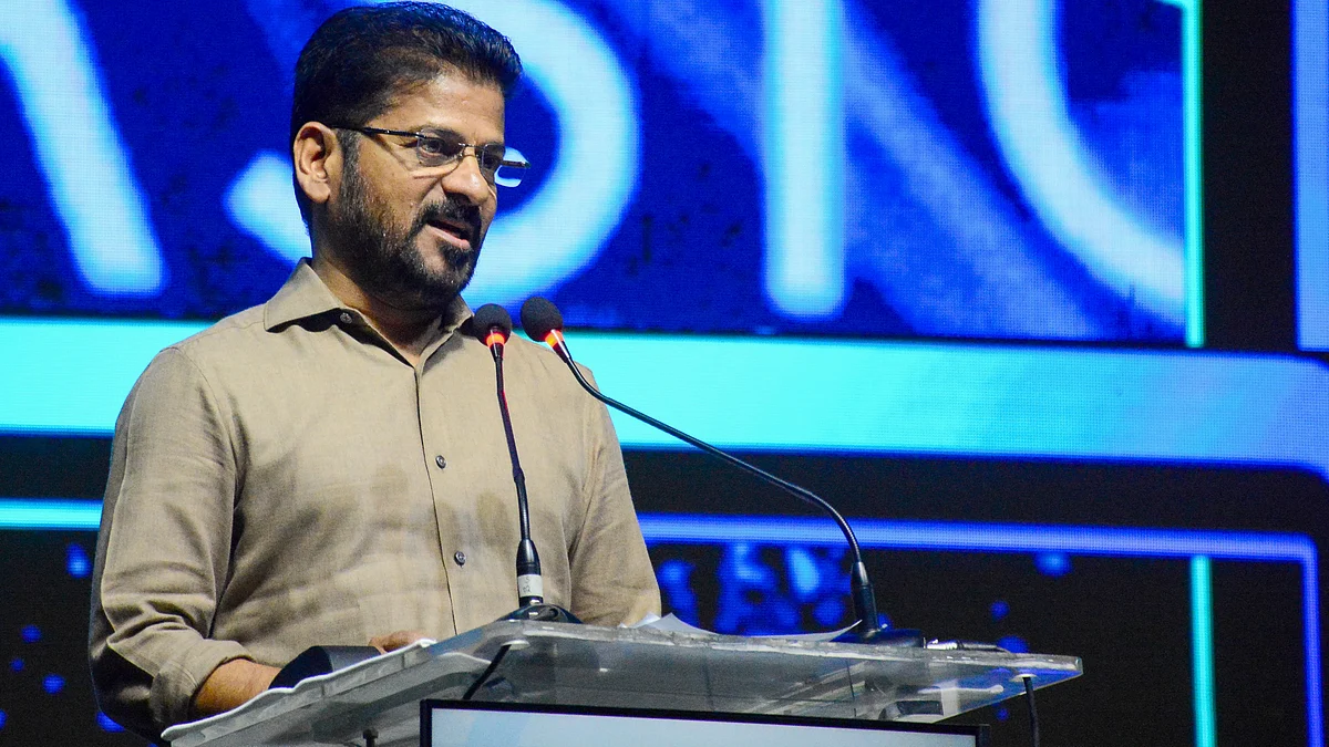 Telangana CM A. Revanth Reddy speaks at BioAsia 2026 conference in Hitec City, Hyderabad.