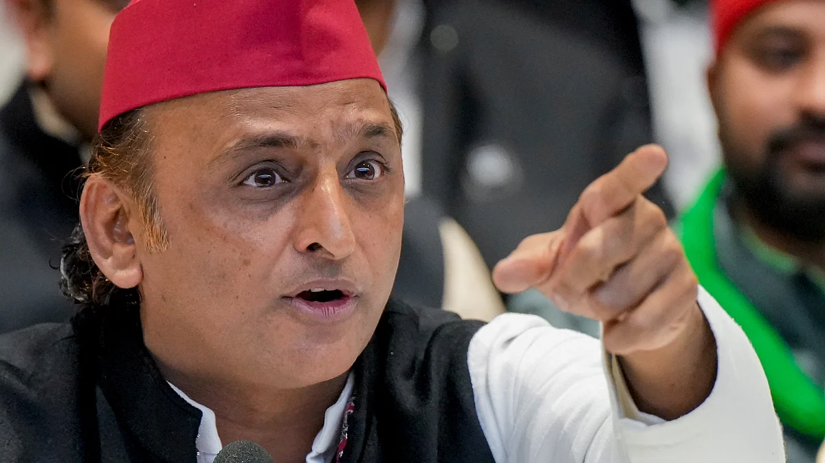 Akhilesh Yadav addresses a press conference in Lucknow.