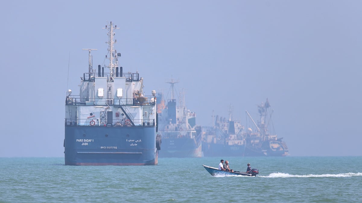 Anchored vessels in Strait of Hormuz off Bandar Abbas, Iran.