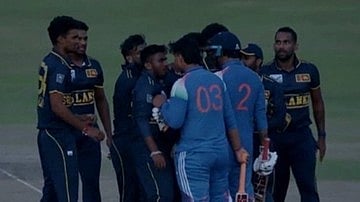 Vaibhav Sooryavanshi charges at a Sri Lanka A player after India's defeat on Monday.