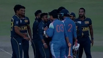 Vaibhav Sooryavanshi charges at a Sri Lanka A player after India's defeat on Monday.