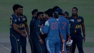 Vaibhav Sooryavanshi charges at a Sri Lanka A player after India's defeat on Monday.