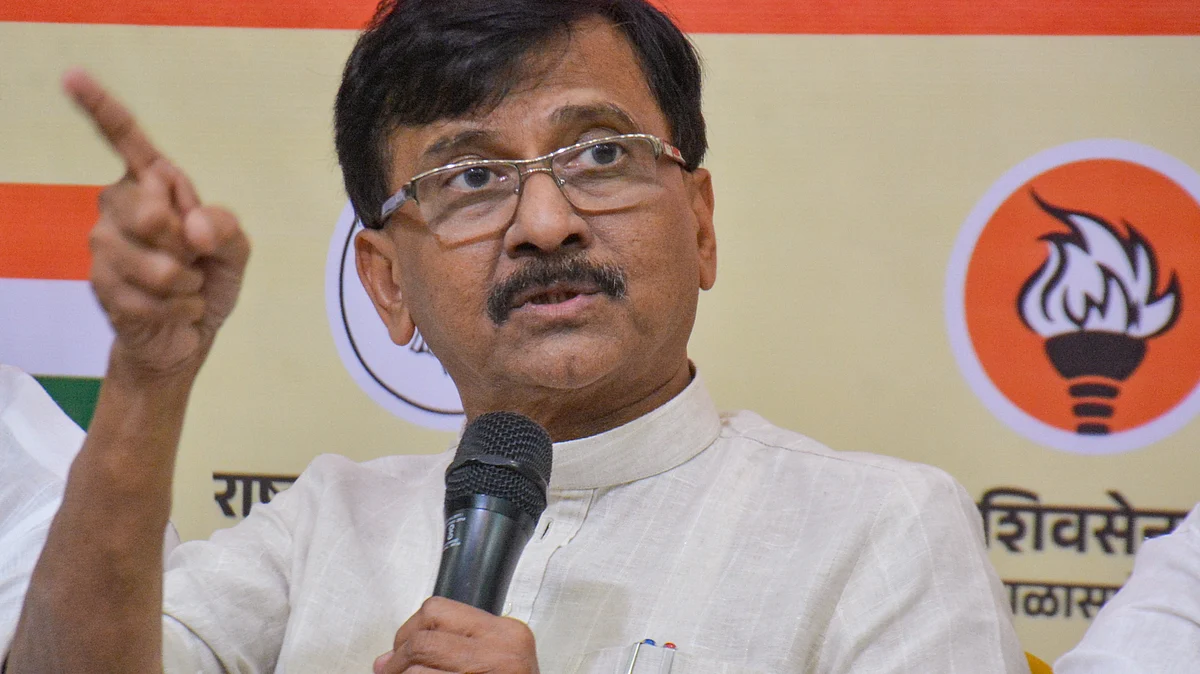 Sanjay Raut addresses a press conference in Thane.