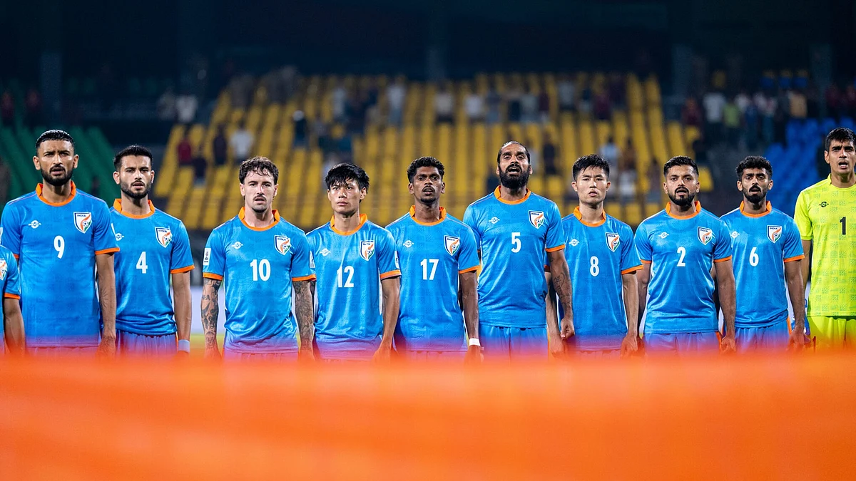 Blue Tigers stand for the national anthem before a recent game