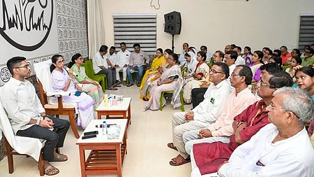 Trinamool Congress leaders attend a party meeting in Kolkata.