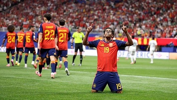 Lamine Yamal after scoring his first World Cup goal against Saudi Arabia