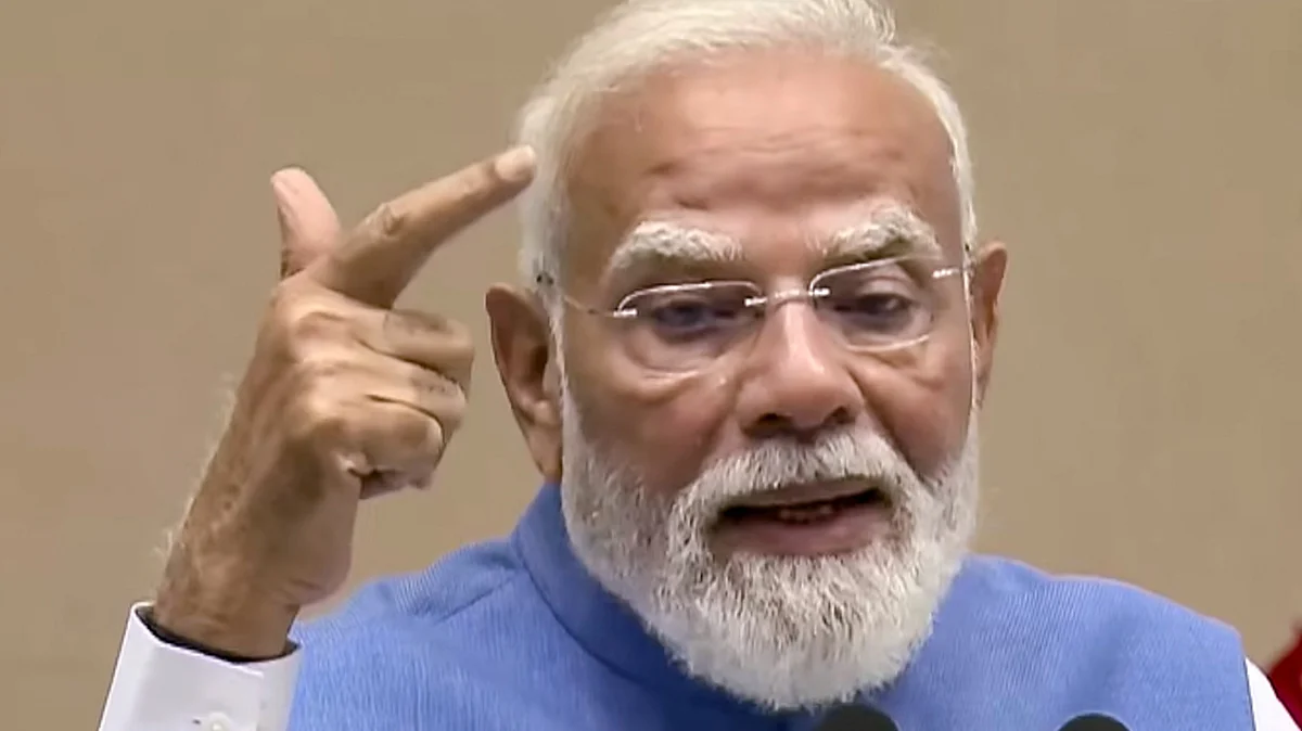 Narendra Modi speaks during an event under PM-VBRY at Vigyan Bhavan in New Delhi.