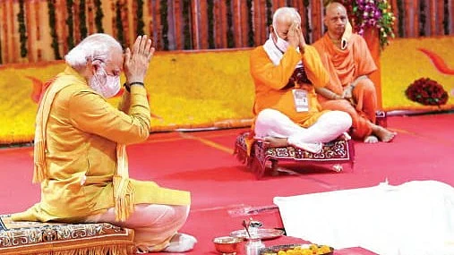 PM Narendra Modi performs ‘bhoomi pujan’ for the Ram temple in Ayodhya, Uttar Pradesh, 5 August 2020 