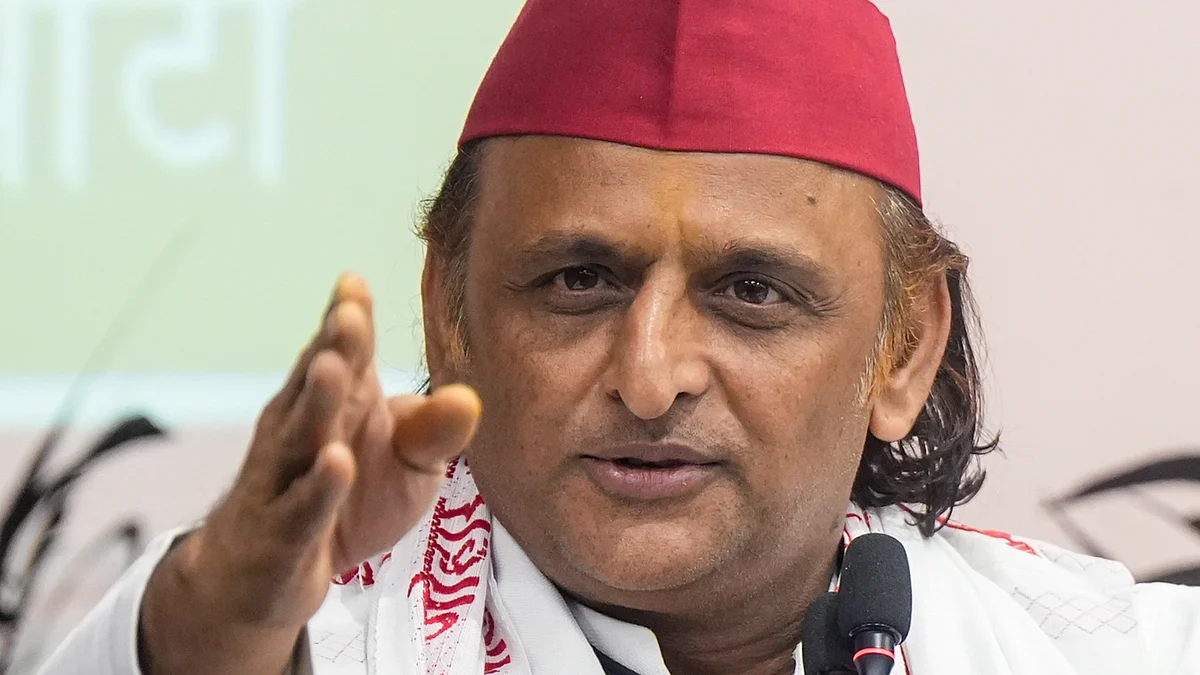 SP president Akhilesh Yadav addresses a press conference in Lucknow. 