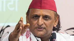 SP president Akhilesh Yadav addresses a press conference in Lucknow.