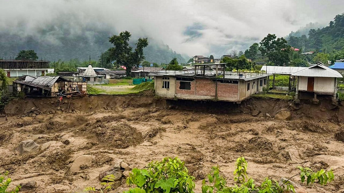 A view of houses damaged by flash floods and landslides in Keyi Panyor district.