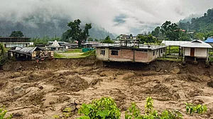 A view of houses damaged by flash floods and landslides in Keyi Panyor district.