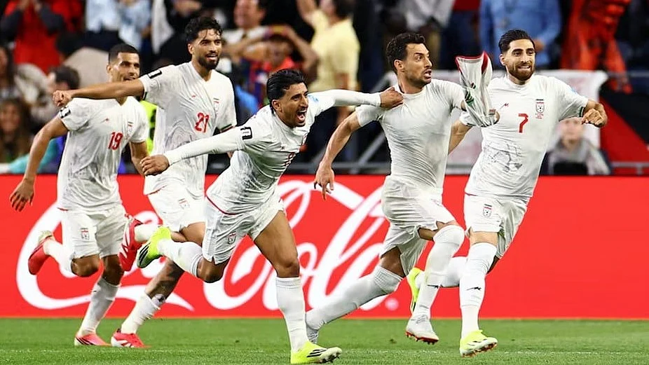 Shortlived joy: Scorer Shoja (shirt off) in the celebrations before the goal was disallowed