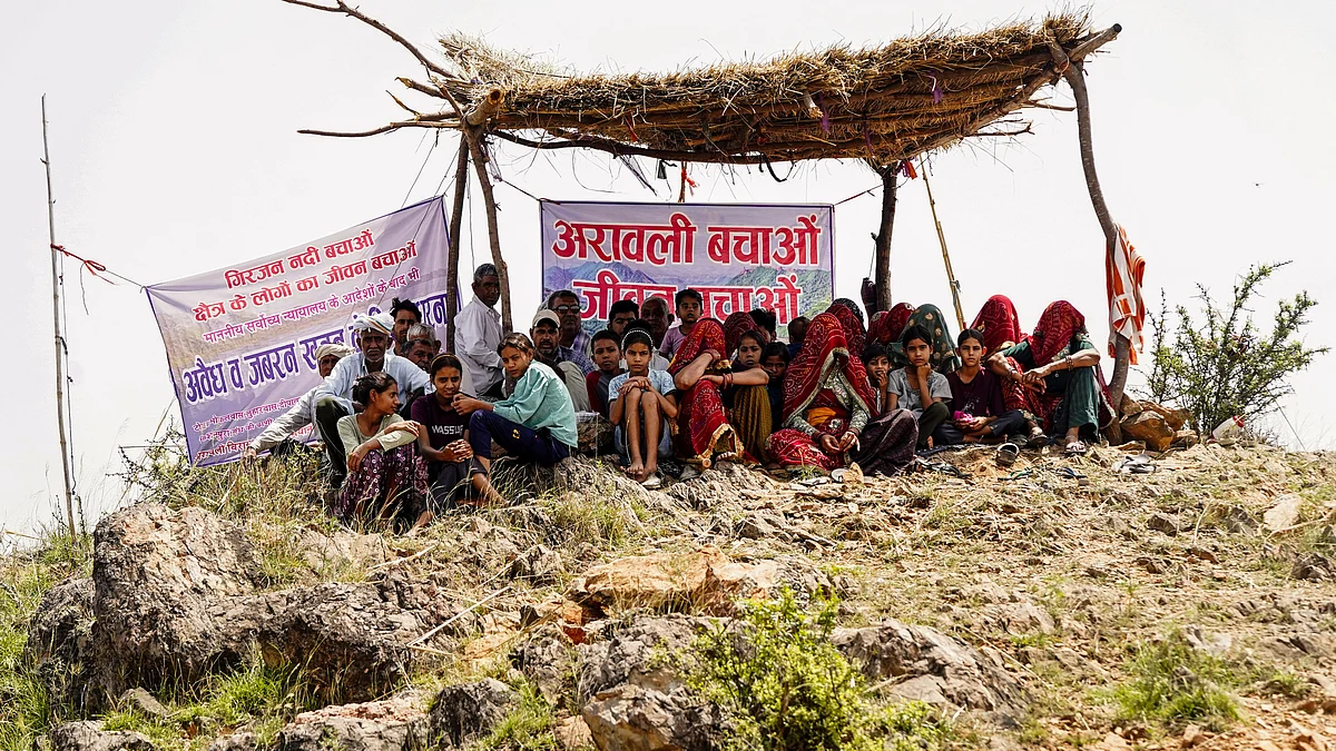 This photograph dated 19 May shows villagers protesting mining at Bhagwanpura village in Rajasthan 