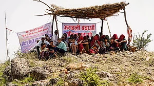 This photograph dated 19 May shows villagers protesting mining at Bhagwanpura village in Rajasthan