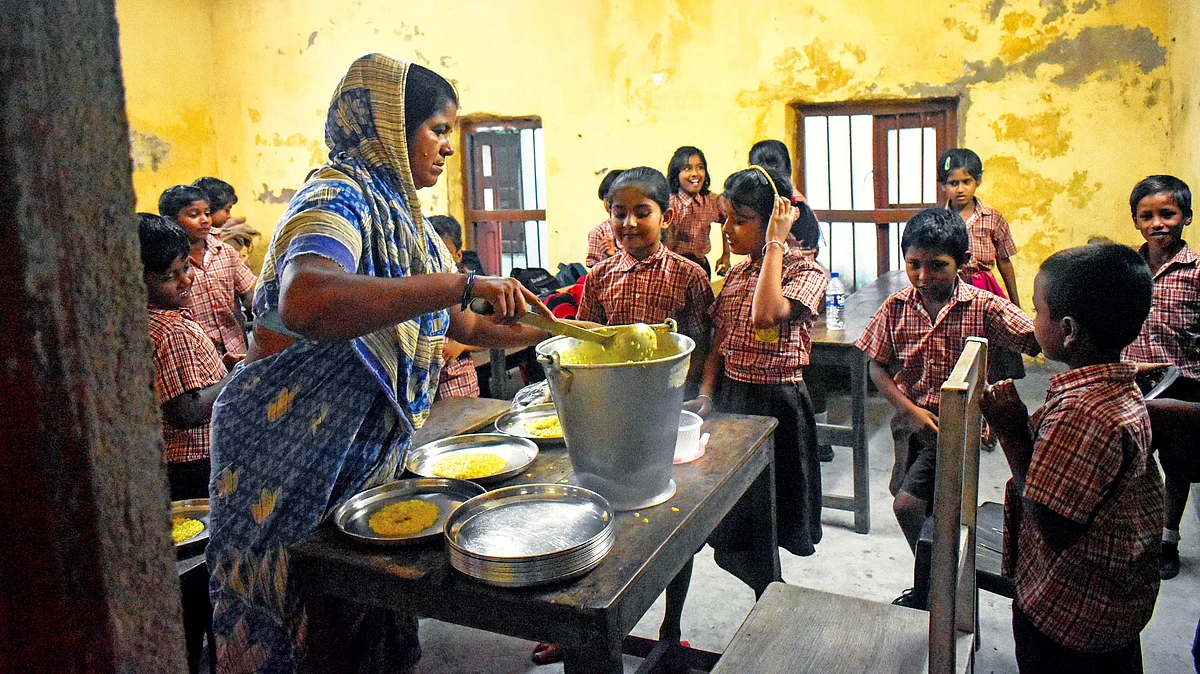 It’s mid-day meal time in a government primary school on the outskirts of Kolkata