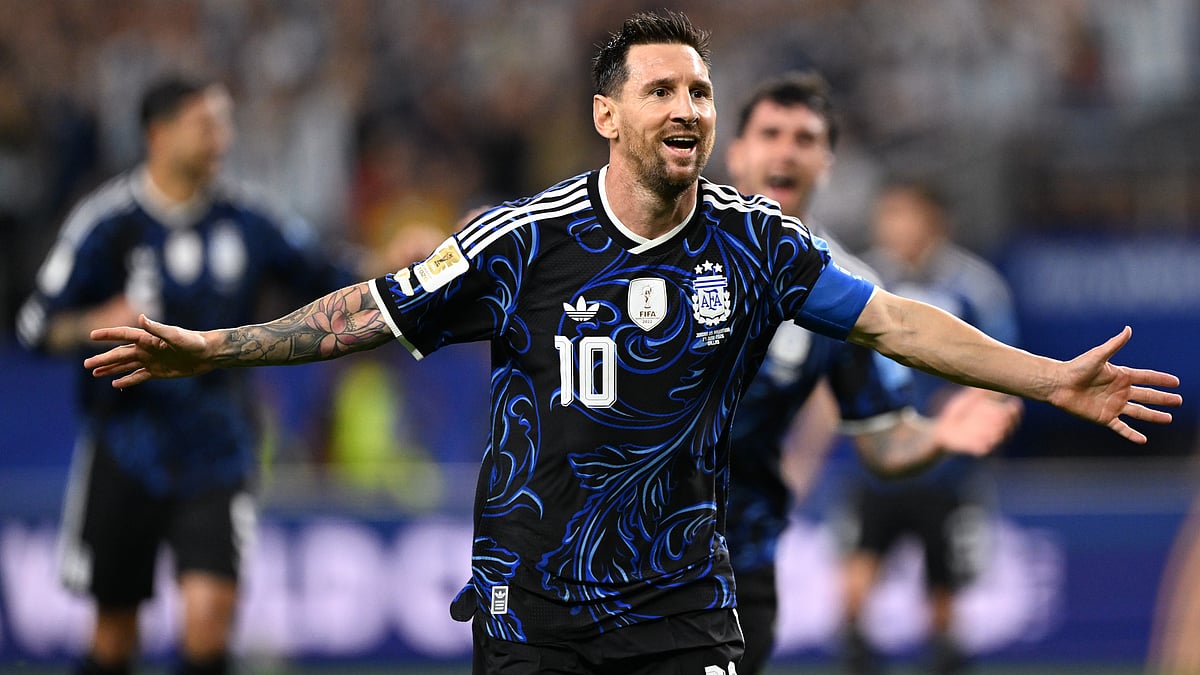 Lionel Messi celebrates after scoring for Argentina against Jordan in Dallas.