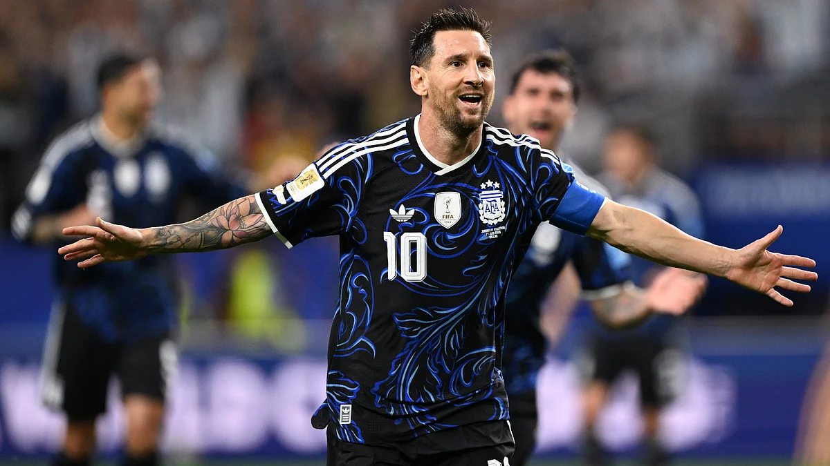 Lionel Messi celebrates after scoring for Argentina against Jordan in Dallas.