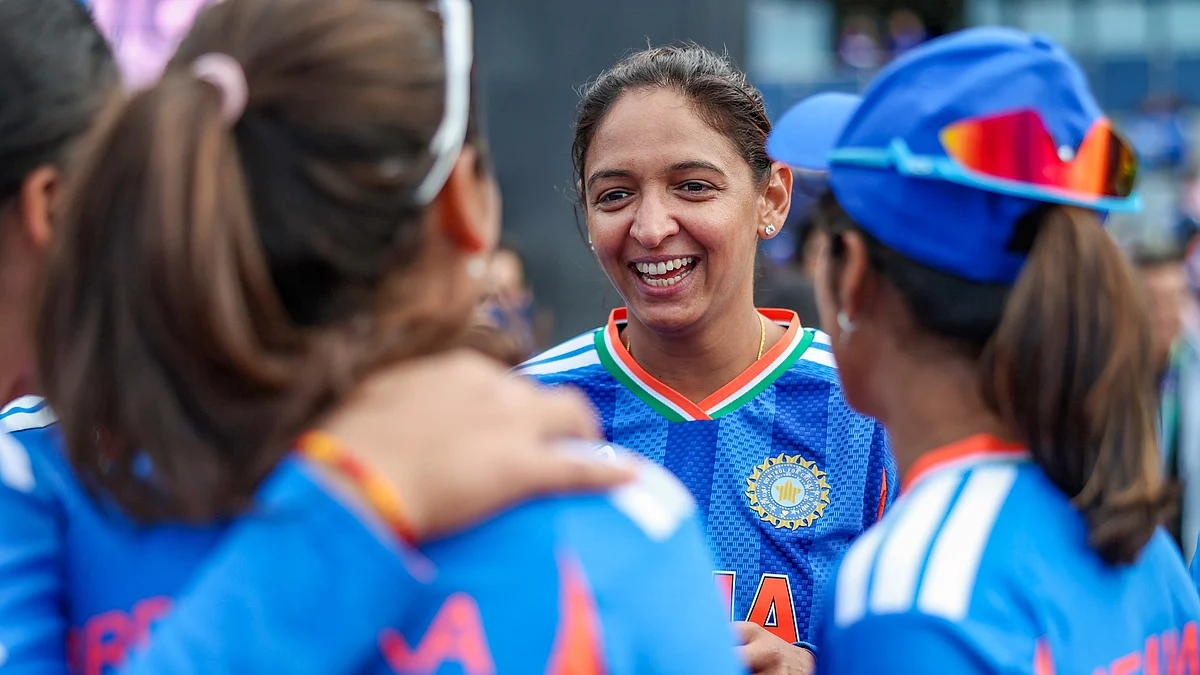 India Women captain Harmanpreet Kaur celebrates with teammates in Birmingham.