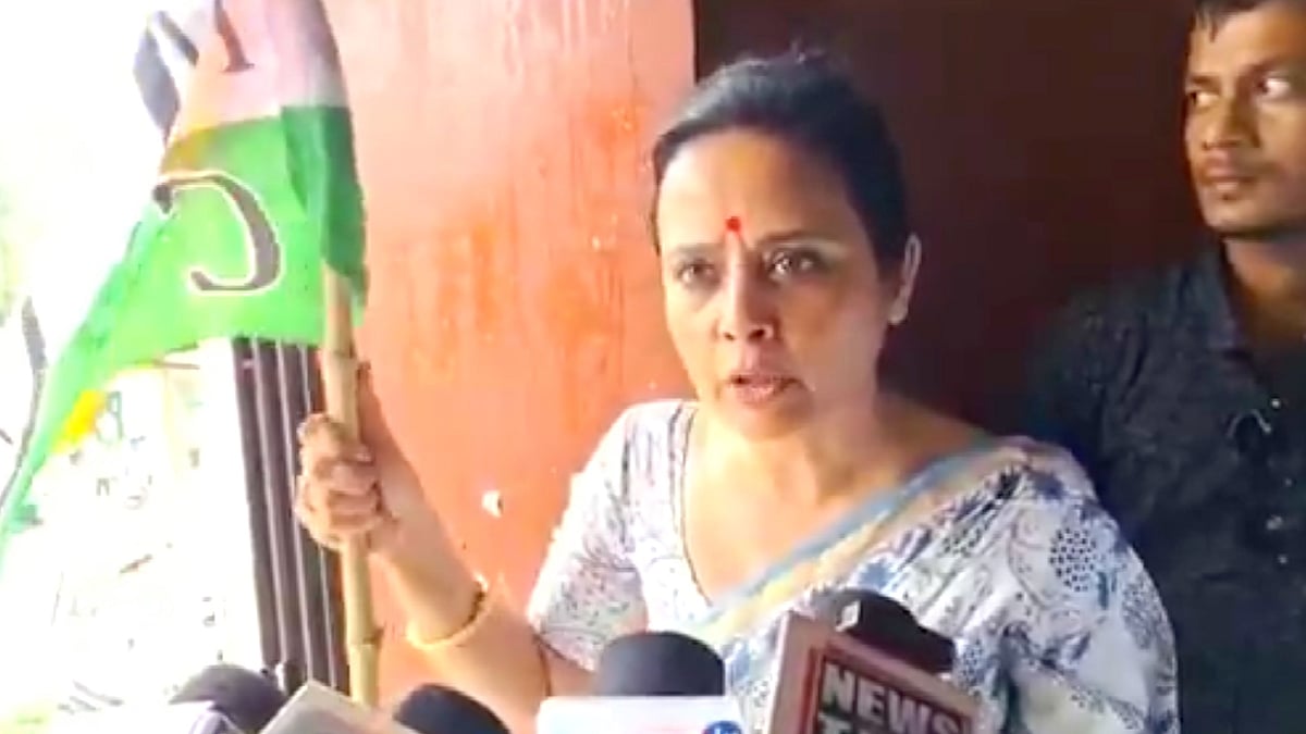 Video screen grab of Mahua Moitra speaking to media during the attack
