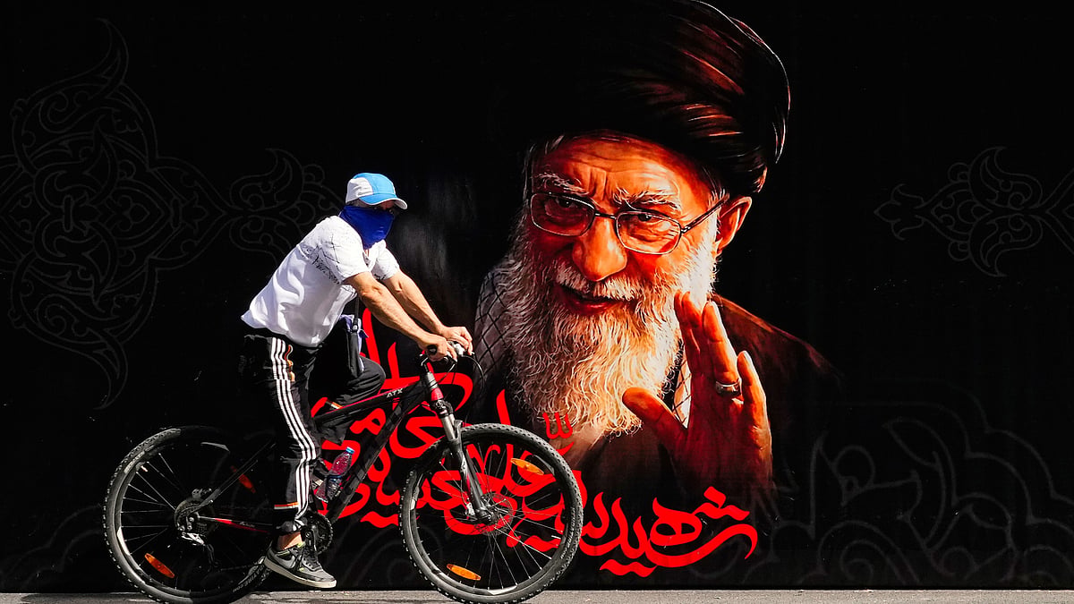 A portrait of late Iranian Supreme Leader Ayatollah Ali Khamenei on a Tehran street, 3 July