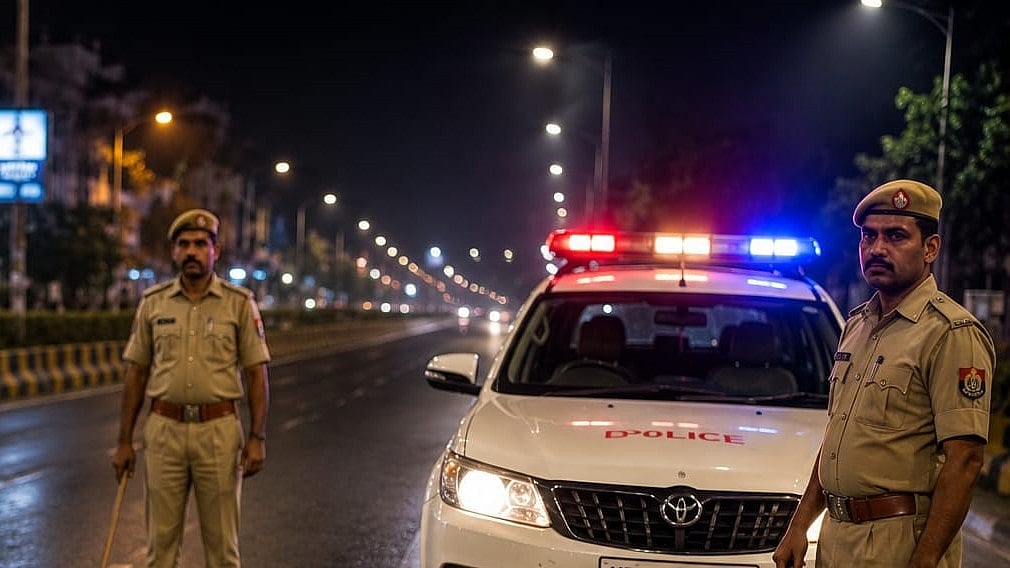 Police personnel patrol a street in Mumbai.