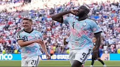 Loud and clear: Romelu Lukaku celebrates his team's fourth goal against the US