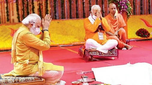 PM Narendra Modi performs ‘bhoomi pujan’ for the Ram temple in Ayodhya, Uttar Pradesh, 5 August 2020