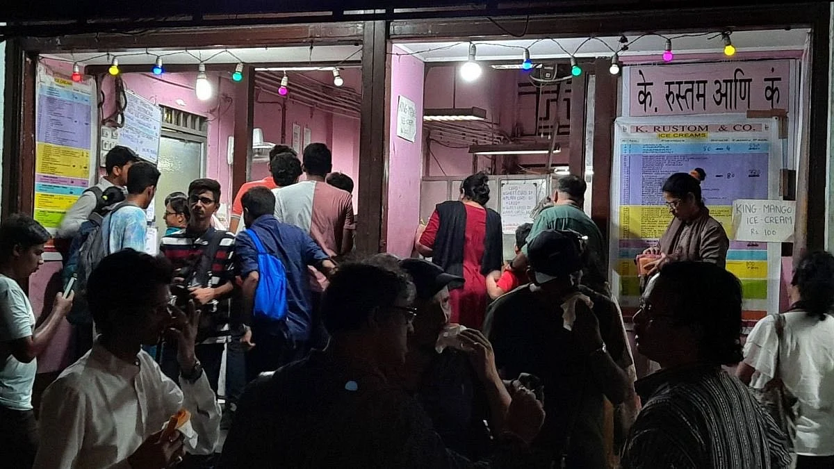 Customers gather outside Mumbai’s iconic K Rustom ice cream parlour.