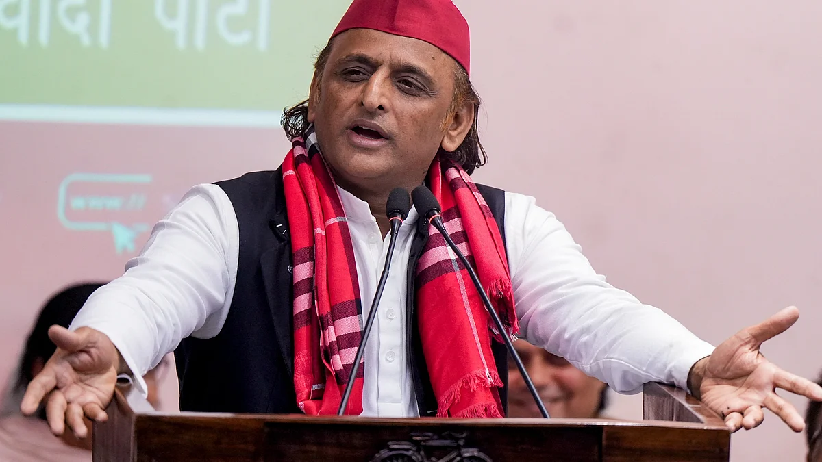 Samajwadi Party president Akhilesh Yadav addresses a press conference in Lucknow.