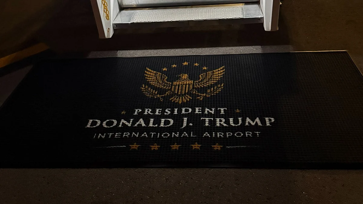 Trump Force One touches down at the newly renamed Trump International Airport.