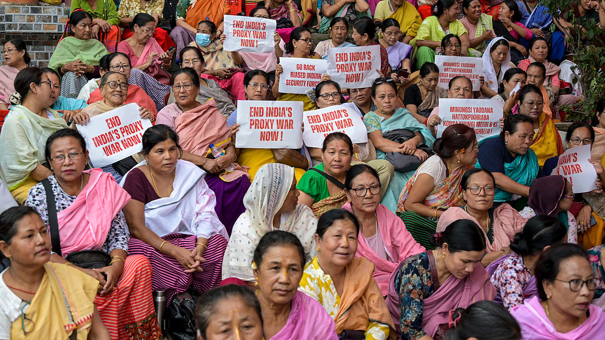 Women protest under the banner of Naga and Meitei groups in Imphal, 7 July