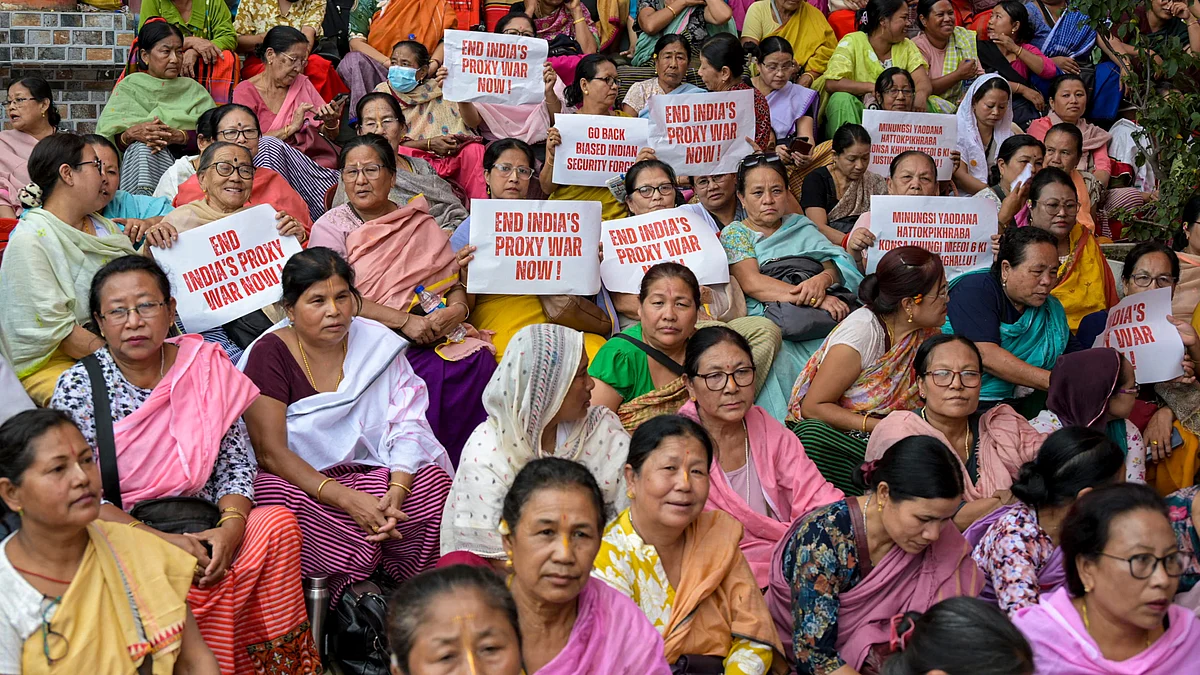 Women protest under the banner of Naga and Meitei groups in Imphal, 7 July