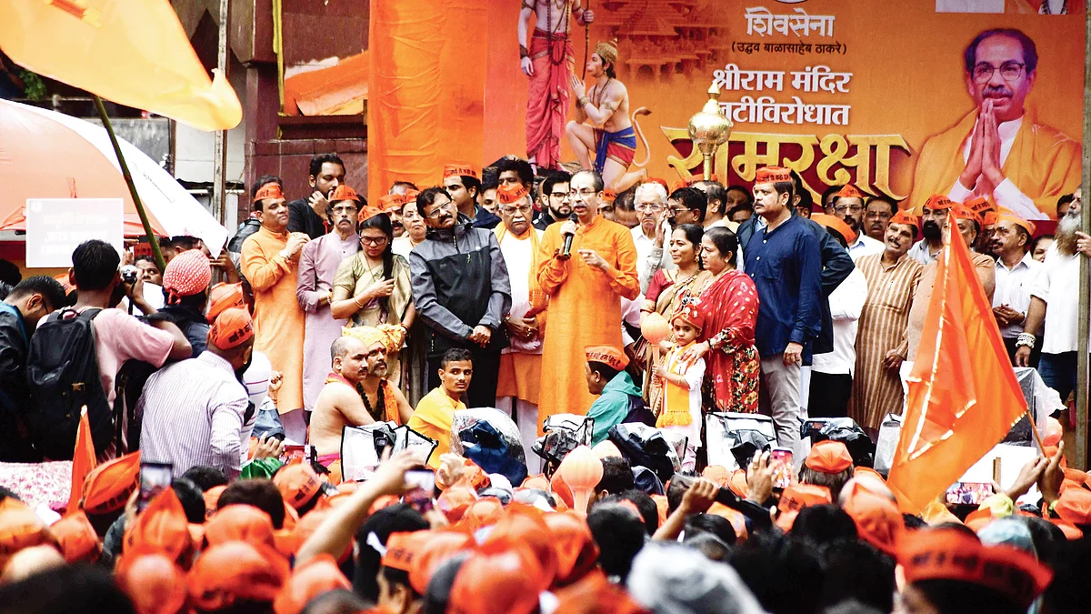 Shiv Sena (UBT) chief Uddhav Thackeray addressing a ‘Ram raksha andolan’ in Mumbai