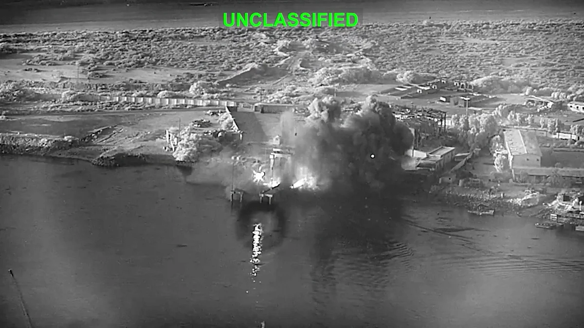 Image from US Central Command video shows an explosion at Iran's Bandar Abbas Naval Base.