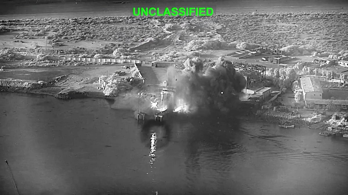 Image from US Central Command video shows an explosion at Iran's Bandar Abbas Naval Base.