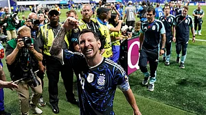 Argentina’s Lionel Messi reacts after the World Cup semi-final win over England in Atlanta.
