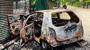 The aftermath of an attack on an Assam Rifles camp after a search operation in Senapati district, 15 July