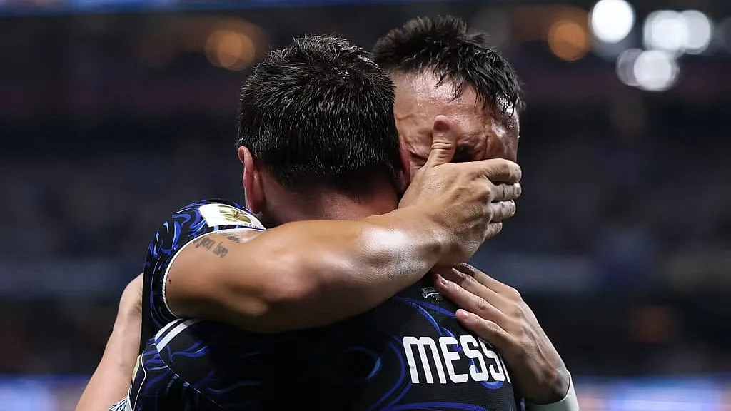Gratitude: Messi hugs Lautaro Martinez, scorer of the matchwinner vs England