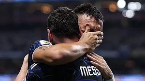 Gratitude: Messi hugs Lautaro Martinez, scorer of the matchwinner vs England