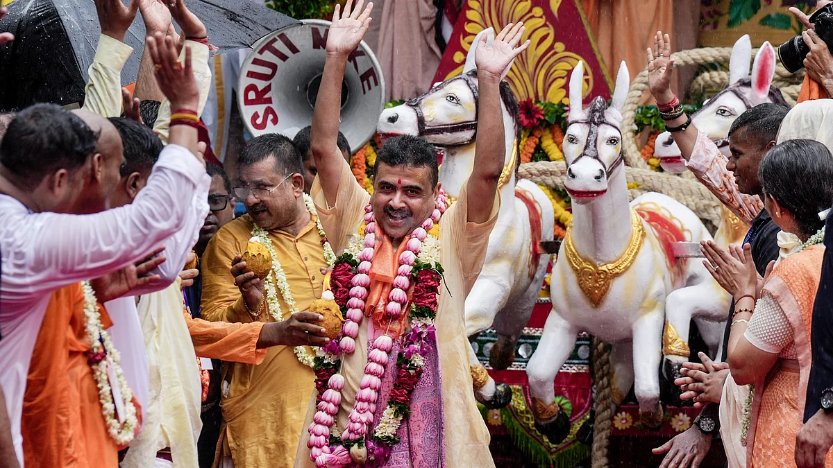 West Bengal CM Suvendu Adhikari during the ISKCON Rath Yatra procession in Kolkata, 15 July
