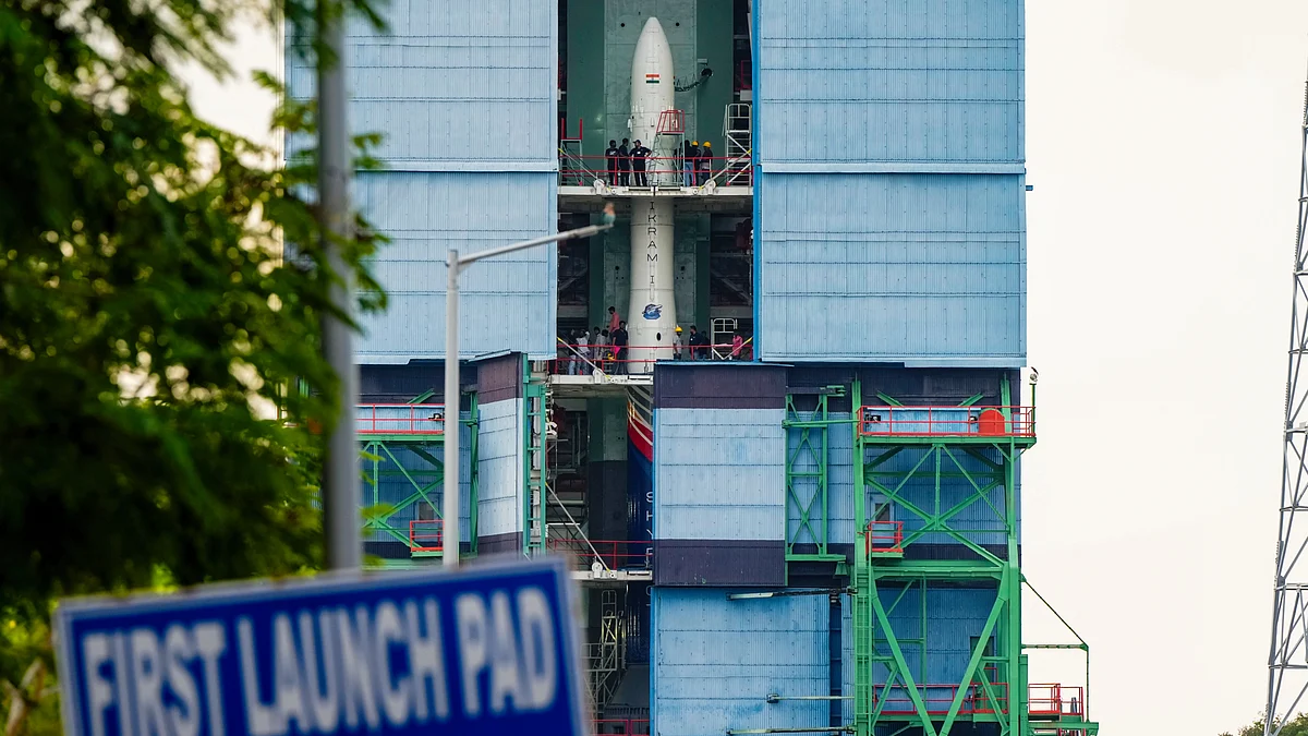 Security personnel stand guard near the launch pad ahead of the launch of Vikram-1, 16 July
