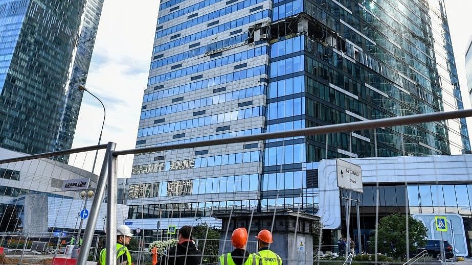 Building damaged in drone attack in Moscow.