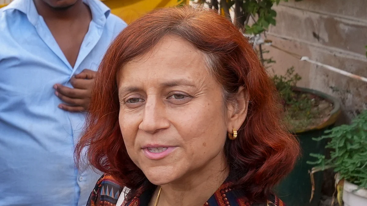 Gitanjali J Angmo, wife of activist Sonam Wangchuk, speaks to the media.