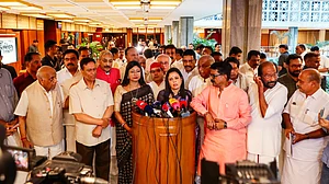 Mahua Moitra and other MPS address the media at the all-party meet